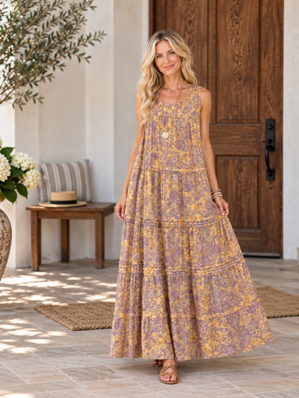 J.Jill Mustard Yellow Purple Paisley Tiered Sleeveless Maxi Dress